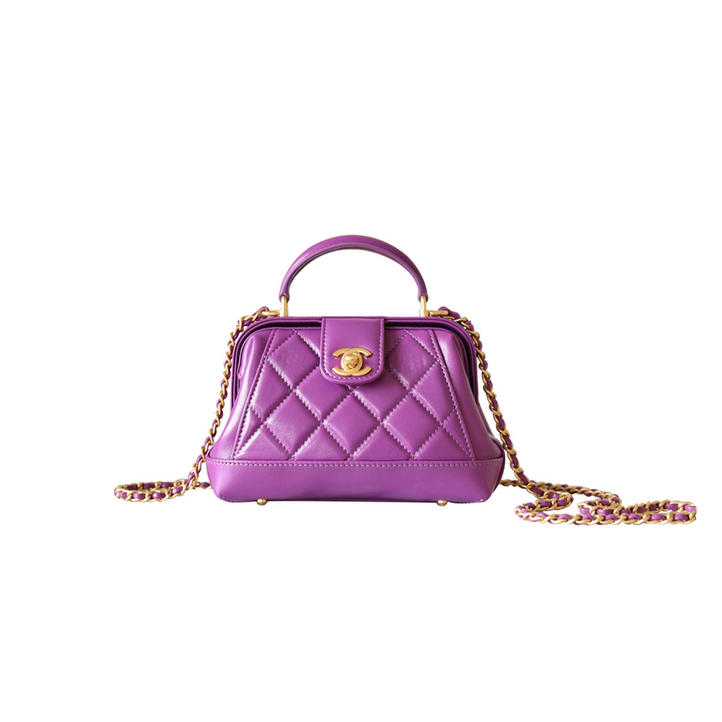 Ch*el master tophandle mini bag shiny lambskin and gold metallic purple as4958 (18*12*7cm)